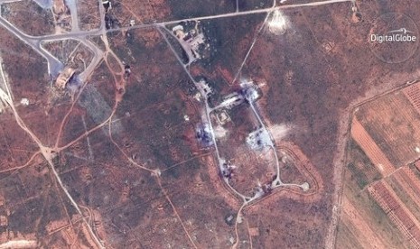 DigitalGlobe satelilte imaging on April 7 shows destroyed building in the southeastern part of the air base Shayrat, Syria after being attacked by US tomahawk missile.