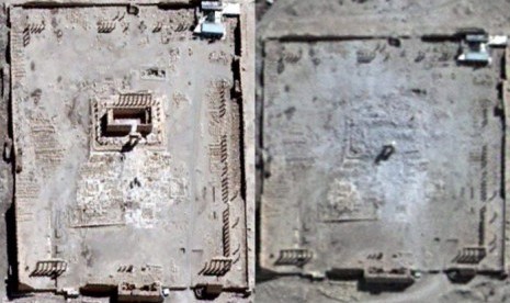 Citra satelit Unosat milik PBB (kanan) menunjukkan hancurnya Kuil Bel di Palmyra, Suriah. Gambar kiri adalah Kuil Bel sebelum dihancurkan oleh ISIS.