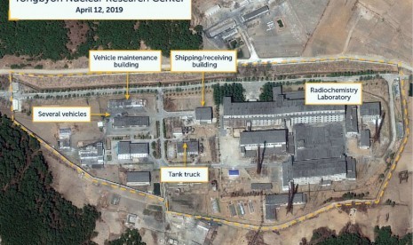 Citra satelit yang disebut peneliti dari Beyond Parallel, sebuah proyek CSIS, menunjukkan Laboratorium Radiokimia di Yongbyon Nuclear Research Center di North Pyongan, Korea Utara, 12 April 2019. Foto dirilis pada 16 April 2019.