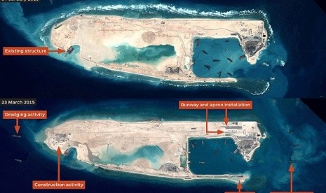 Citra satelit yang menunjukkan pembangunan landasan udara Cina di Kepulauan Spratly