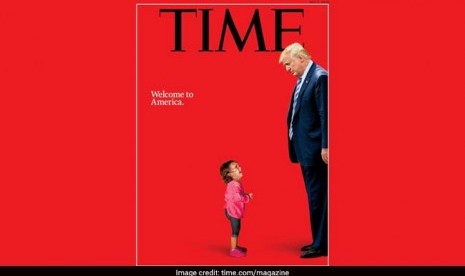 Cover Majalah Time yang memperlihatkan seorang anak perempuan imigran yang menangis karena dipisahkan dengan orantuanya (kiri) dengan Presiden AS Donald Trump (kanan).