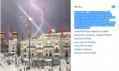 Cuaca buruk di Masjidil Haram yang diunggah Tantri Kotak melalui akun Instagram.