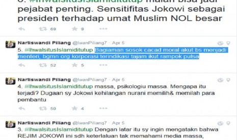 Cuitan Narliswandi Piliang ihwal situs islam ditutup