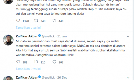 Cuitan permintaan maaf Zulfikar Akbar di akun Twitter pribadinya, Selasa (26/12).