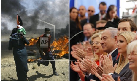 Dalam kombinasi foto ini, warga Palestina melancarkan aksi protes di dekat perbatasan Israel dan Jalur Gaza pada Senin, 14 Mei 2018 (foto kiri) dan pada hari yang sama para pejabat Israel: Sara Netanyahu, Perdana Menteri Israel Benjamin Netanyahu, Penasihat Senior Gedung Putih Jared Kushner, dan Putri Presiden AS Donald Trump, Ivanka Trump dari kiri ke kanan) bertepuk tangan pada upacara pembukaan kedutaan AS di Yerusalem. 