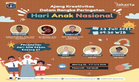 Dalam menyemarakan Hari Anak Nasional 2021, sekaligus mendorong minat membaca anak-anak, Suku Dinas Perpustakaan dan Kearsipan Jakarta Pusat menggelar Ajang Keativitas yang dilakukan secara virtual.