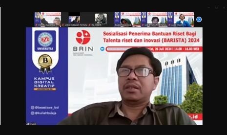 Dalam rangka menyalurkan talenta riset dan inovasi, tim beasiswa Universitas BSI (Bina Sarana Informatika) mengadakan Sosialisasi Bantuan Riset Bagi Talenta Riset Dan Inovasi (BARISTA) Tahun 2024 berlangsung secara virtual melalui zoom meeting pada Jumat 26 Juli 2024 pukul 14.00 hingga selesai.