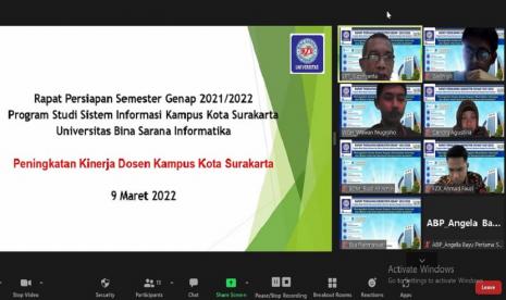 Dalam rangka upaya pengembangan dan peningkatan kualitas, Program Studi (prodi) Sistem Informasi, Fakultas Teknik dan Informatika (FTI), Universitas BSI ( Bina Sarana Informatika) kampus Solo mengadakan rapat persiapan semester genap 2021/2022. Kegiatan ini digelar secara daring lewat zoom, pada Rabu (9/3) silam. 