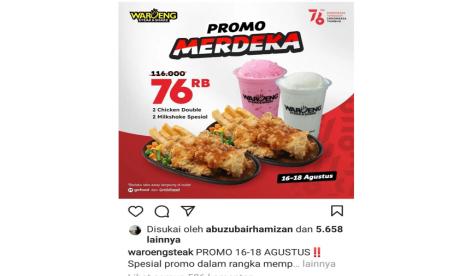 Dalam waktu tiga hari Promo Merdeka Waroeng Steak & Shake berhasil mengantongi omzet mencapai setengah miliar rupiah.