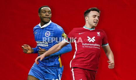 Danny Welbeck (kiri) dan Diogo Jota akan beradu ketajaman pada laga Brighton and Hove Albion vs Liverpool di Stadion Amex, Sabtu (28/11).