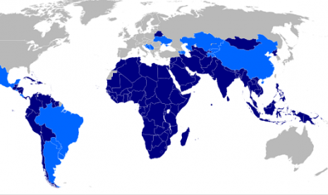 Dark blue indicates Non Alignment Movement members, while light blue indicates observer countries. (map)  