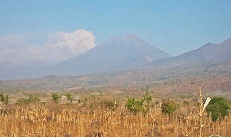 Debu vulkanik gunung Barujari menyembur dibalik puncak gunung Rinjani terlihat dari Kecamatan Pringgabaya, Selong, Lombok Timur, NTB, Rabu (4/11). 