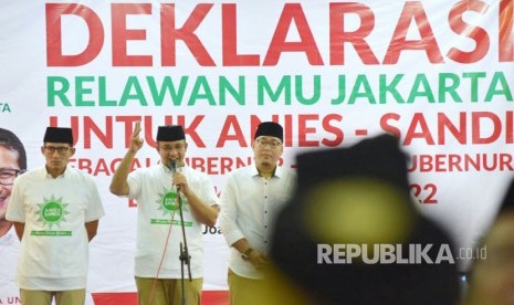 Deklarasi Relawan Muhammadiyah (MU) dukung paslon cagub-cawagub DKI Anies Baswedan dan Sandiaga Uno di Gedung Joeang 45 Jakarta Pusat (21/3). 