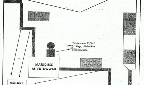 Denah lokasi Masjid Al-Futuwwah di daerah Kemang. Denah menunjukkan adanya akses jalan menuju masjid, baik dari bagian depan atau belakang 