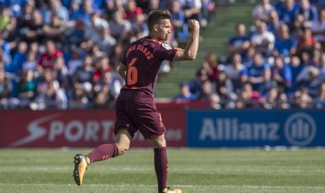 Denis Suarez usai mencetak gol ke gawang Getafe, Sabtu (16/9).