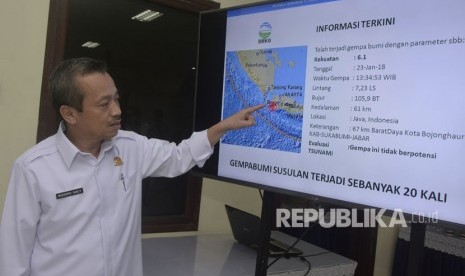 Deputi Bidang Geofisika Badan Metereologi Klimatologi dan Geofisika (BMKG) Muhamad Sadly memberi penjelasan terkait gempa bumi yang terjadi di Provinsi Banten saat jumpa pers di Kuta, Bali, Selasa (23/1).