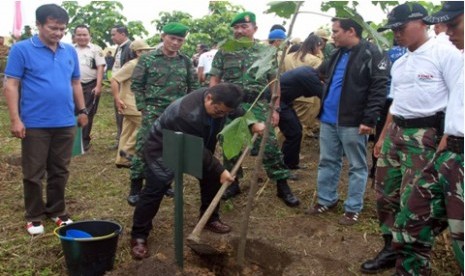 Deputy General Manager Umum & CSR PT Inalum, W Djoko Laksono  didampingi Aster Kodam I Bukit Barisan Kol Bambang, dan Manager Pemberdayaan Masyarakat PT Inalum Arfan Iqbal Harahap sedang menanam pohon secara simbolis di Parapat dalam program Toba Go Green 