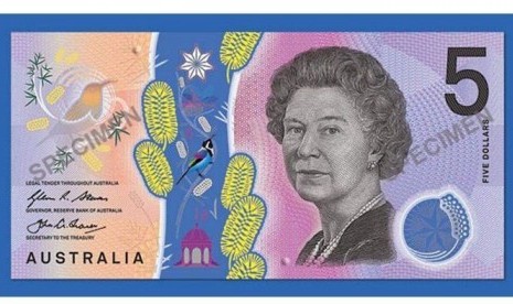 Desain dasar uang kertas baru pecahan 5 dolar Australia yang ramah bagi tunanetra.