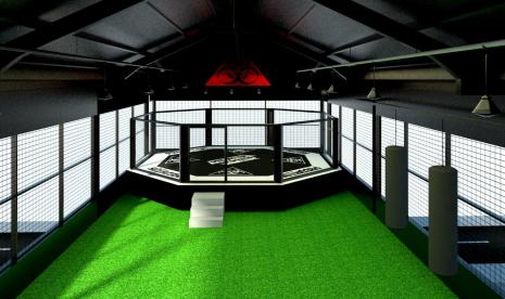 Desain gedung sasana Predator MMA Indonesia di Kota Solo. Sasana tersebut diproyeksikan sebagai pusat pelatihan atlet Mixed Martial Arts (MMA) terbesar dan terlengkap di Indonesia. 