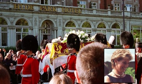 Diana's coffin borne through the streets of London on its way to Westminster Abbey. The International Diana Award was created in 2011 to honor the year that would have been Princess Diana’s 50th Birthday. Insert: Diana (file photo)