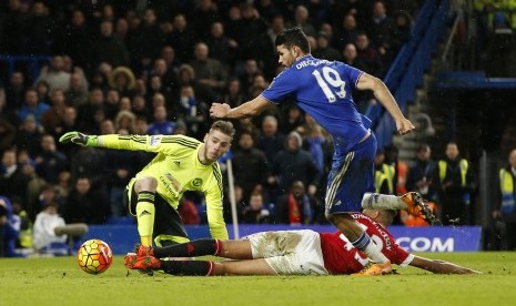 Diego Costa berhasil merobek gawang Manchester United yang dikawal David De Gea saat kedua tim bertemu di Stamford Bridge, London, Senin (8/2) dini hari WIB.