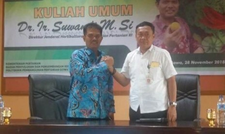 Direktur Jenderal Hortikultura Kementerian Pertania, Suwandi saat menjadi pembicara dan kuliah umum di Politeknik Pembangunan Pertanian (Polbangtan) Gowa, Sulawesi Selatan, Rabu (28/11). 