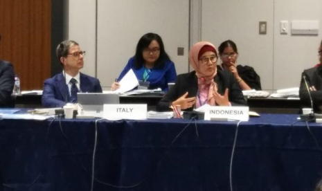 Direktur Jenderal Pembinaan Hubungan Industrial dan Jaminan Sosial Tenaga Kerja (PHI dan Jamsos) Kementerian Ketenagakerjaan (Kemnaker) Haiyani Rumondang saat mengikuti Forum 2nd Employment Working Group G20 di Tokyo, Jepang, Senin (22/4).