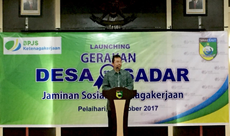 Direktur Perluasan Kepesertaan dan HAL BPJS Ketenagakerjaan, E Ilyas Lubis dalam sambutannya dalam launching Gerakan Desa Sadar Jaminan Sosial Ketenagakerjaan di Balai Kantor Kecamatan Pelaihari, Kabupaten Tanah Laut, Kalimantan Selatan, Rabu (11/10).