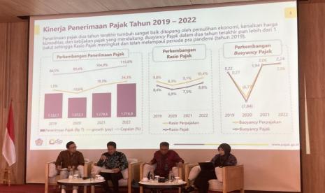 Direktur Potensi, Kepatuhan, dan Penerimaan Direktorat Jenderal Pajak (DJP) Ihsan Priyawibawa bersama narasumber lain saat Media Gathering Kemenkeu di Puncak, Bogor, Selasa (26/9/2023). 