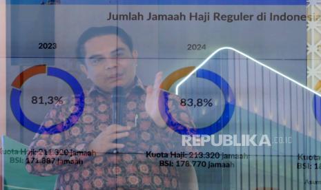 Direktur Sales & Distribution BSI Anton Sukarna memberikan penjelasan mengenai pembiayaan haji melalui BSI di Kantor BSI The Tower Jakarta, Selasa (14/1/2025). PT Bank Syariah Indonesia Tbk (BSI) menghimbau calon Jemaah haji yang tercatat berangkat haji  tahun ini untuk dapat melakukan persiapan Biaya Perjalanan Ibadah Haji (BPIH) 1446 Hijriah.