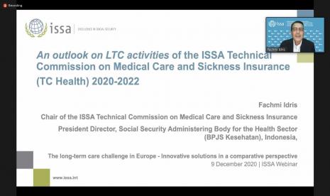  Direktur Utama BPJS Kesehatan, Fachmi Idris saat webinar yang diselenggarakan International Social Security Association (ISSA) bertemakan The Long-Term Care Challenge In Europe-Innovative Solutions In A Comparative Perspective, Rabu (9/12).