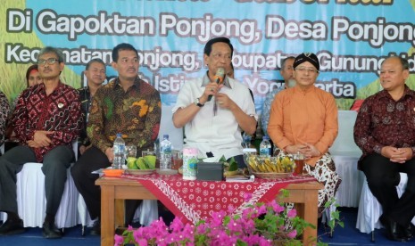 Dirjen Pangan Suwandi bersama Gubernur Yogyakarta Sultan Hamengkubuwono X menghadiri panen padi di Gunung Kidul