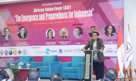 Dirjen Peternakan dan Kesehatan Hewan Kementan I Ketut Diarmita, saat menjadi keynote speech Seminar International African Swine Fever (ASF) di Bogor (19/10).