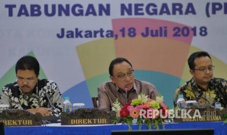 Dirut Bank Tabungan Negara Maryono memaparkan kinerja perseroan selama semester pertama 2018 di Jakarta, Rabu (18/7). BTN berhasil meningkatkan penyaluran kredit sebesar 19.14% secara year on year setara Rp 211,35 triliun.