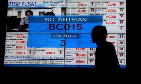 Display informasi antrian pelayanan perizinan di PTSP Pusat di BKPM. Display informasi antrian ini memuat semua jenis perizinan usaha yang ada di PTSP Pusat.