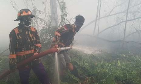 Dua pemadam kebakaran Kapuas Bhakti Pontianak menyemprotkan air ke hutan yang terbakar di belakang perumahan Residence Borneo Khatulistiwa di Sungai Raya, Kabupaten Kubu Raya, Kalbar, Sabtu (18/8).