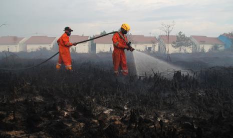 Dua petugas pemadam kebakaran melakukan pembasahan pada lokasi kebakaran hutan dan lahan (karhutla). (ilustrasi)