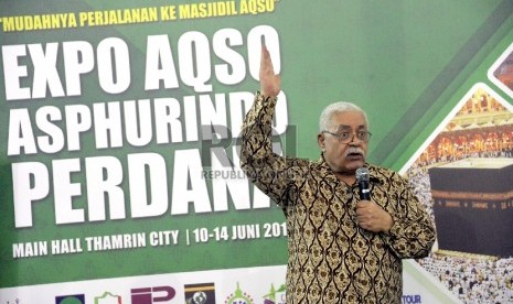 Duta Besar Palestina untuk Indonesia Fariz Mehdawi memberikan sambutan dalam pembukaan acara Expo Aqso Asphurindo perdana di Thamrin City, Jakarta,Rabu (10/6). (Republika/Prayogi).