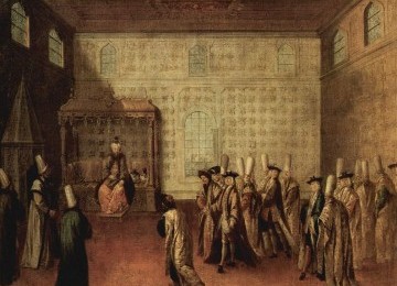  Duta Besar Prancis, Jean-Baptiste van Mour, ketika menghadap sultan Ahmad III (ilustrasi).