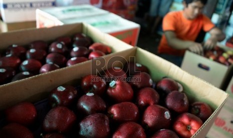 edagang menata apel impor di Pasar Induk Kramat Jati, Jakarta, Selasa (28/1).   (Republika/Prayogi)