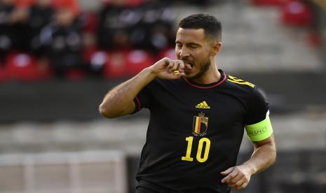 Eden Hazard dari Belgia bereaksi selama pertandingan sepak bola UEFA Nations League antara Belgia dan Polandia, di Stadion King Baudouin di Brussels, Rabu, 8 Juni 2022. 