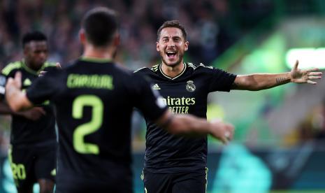 Eden Hazard dari Real Madrid merayakan gol ke gawang Celtic pada pertandingan grup F Liga Champions UEFA di Glasgow, Skotlandia, Selasa (6/9/2022) waktu setempat atau Rabu (7/9/2022) dini hari WIB. 