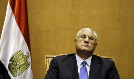 Egypt's chief justice Adly Mansour prepares to swear in as the nation's interim president Thursday, July 4, 2013.