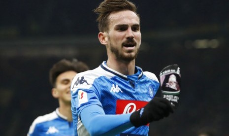 Ekspresi Fabian Ruiz usai mencetak gol ke gawang Inter pada laga Semifinal Coppa Italia, Kamis Dini Hari.