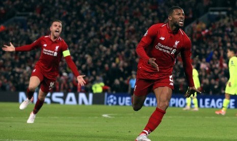 Ekspresi gelandang Liverpool Georginio Wijnaldum (kanan) seusai menjebol gawang Barcelona pada leg kedua semifinal Liga Champions.