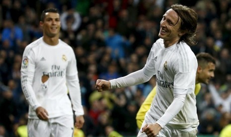 Ekspresi Luka Modric usai mencetak gol ke gawang Villarreal.