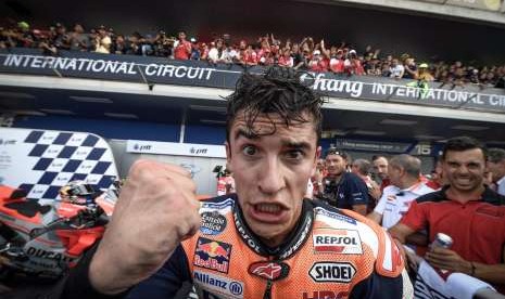 Ekspresi Marc Marquez seusai juara di GP Thailand, Ahad (7/10).