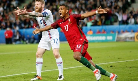 Ekspresi Nani usai menjebol gawang Islandia.