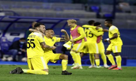 Ekspresi para pemain Sheriff Tiraspol saat memastikan langkah ke babak utama fase grup Liga Champions.