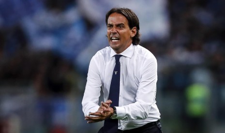 Ekspresi pelatih Lazio, Simone Inzaghi pada laga Serie A lawan SPAL di Stadion Olimpico, Roma, Senin (21/8) dini hari WIB.